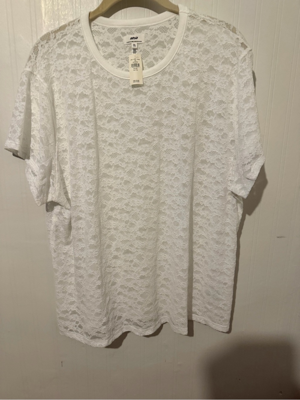 aerie White Sheer Lace Short Sleeve Top